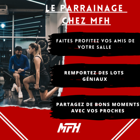 Affiche faisant la promotion de notre système de parrainage dans notre salle de sport. On y voit une femme faisant un exercice sportif encadré par ce qui semble être encadré par un proche.