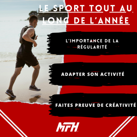 Sportif courant le long d'une plage avec trois conseils sur : pourquoi est il important de garder une certaine régularité dans le sport.