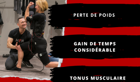 Affiche d'un article concernant l'électrostimulation où l'on voit une personne avec la tenue en pleine activité physique encadré par un coach personnel