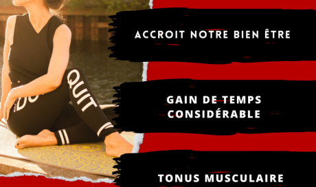 Affiche mettant en avant les trois points principaux de l'importance du sport dans notre quotidien. On y voit une femme faisant du yoga en extérieur au soleil près d'un point d'eau.