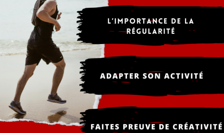 Sportif courant le long d'une plage avec trois conseils sur : pourquoi est il important de garder une certaine régularité dans le sport.